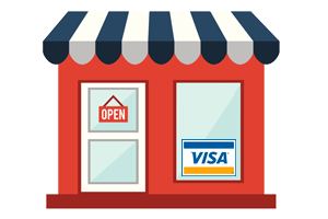Small shop with open sign and Visa sticker