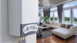 Modern wall-mounted boiler in a bright living room