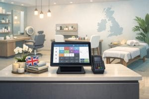 Modern salon reception with POS system and UK flag