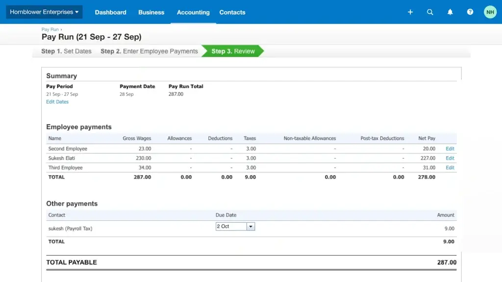 Xero Payroll summary showing employee payments and net totals