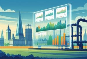 Futuristic London skyline with digital financial charts
