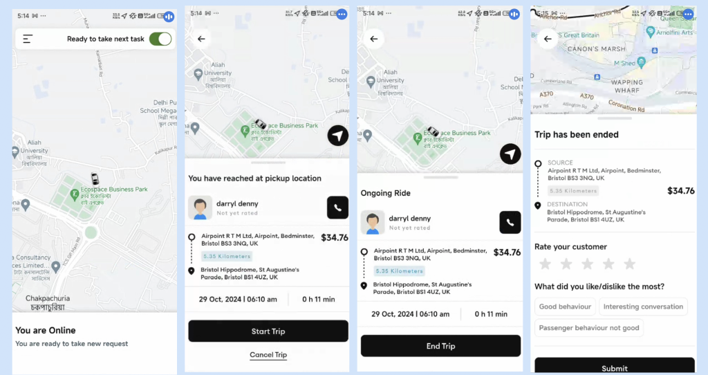 AllRide driver app interface showing ride management screens