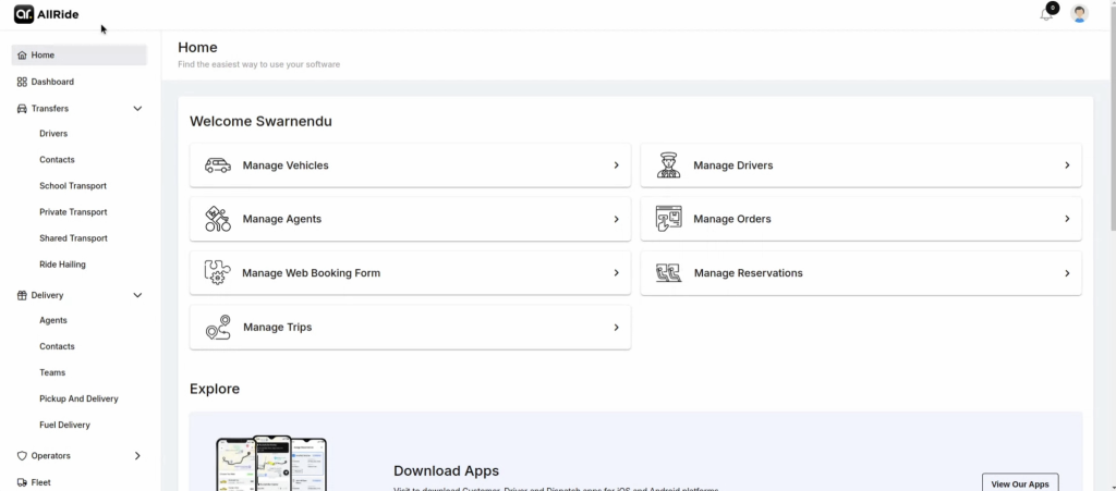 Transport management dashboard with navigation menu