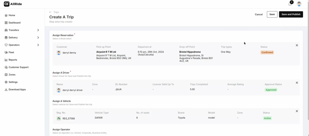 Trip creation dashboard with reservation, driver, vehicle details