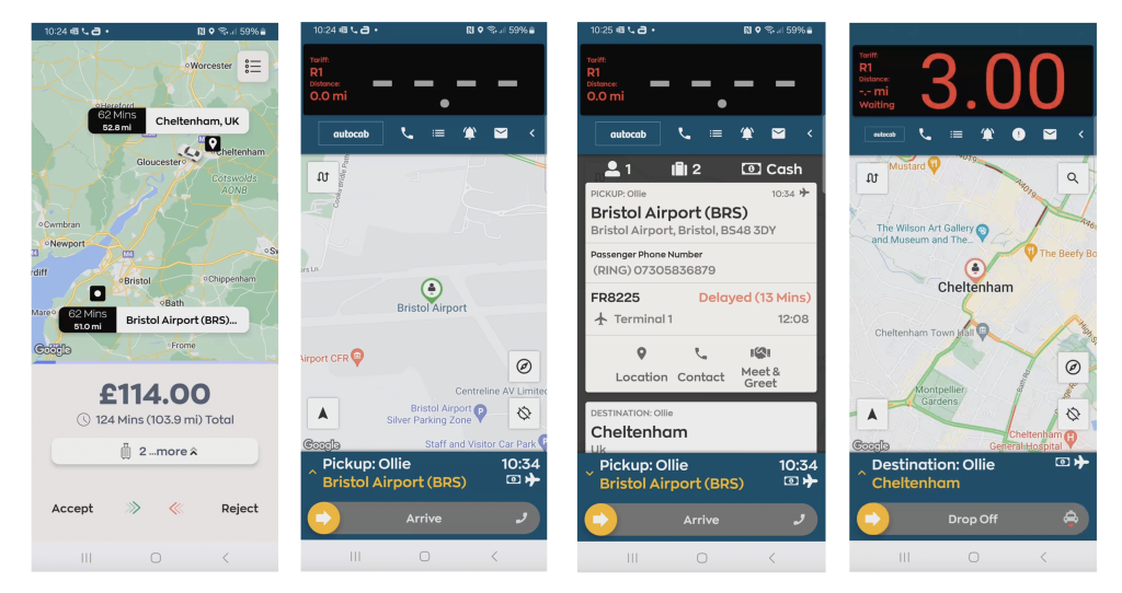 Taxi booking app showing Bristol to Cheltenham journey