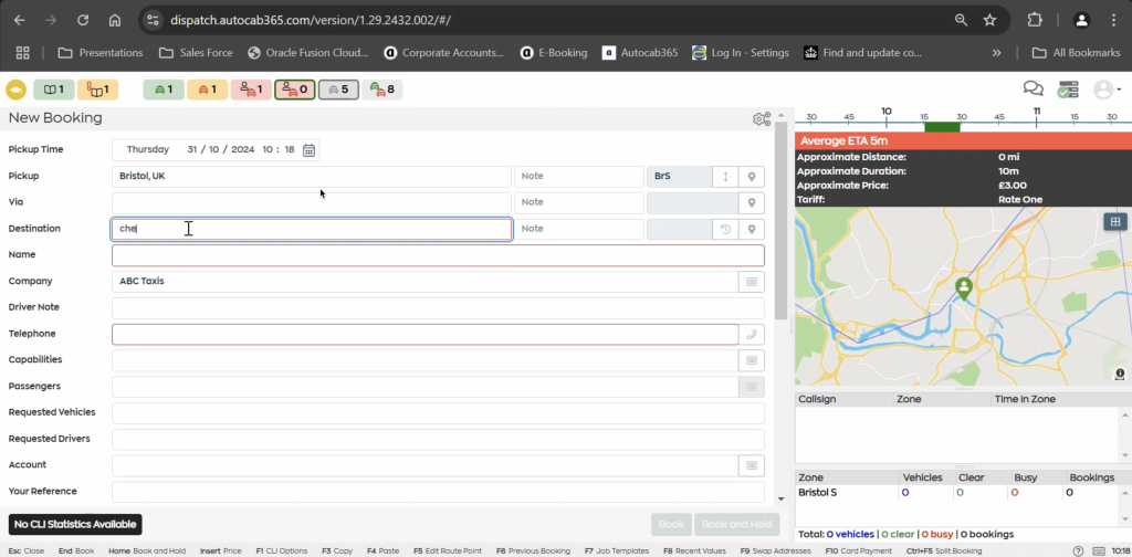 Taxi booking form with map and trip details