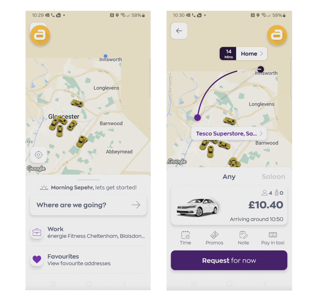 Taxi booking app showing map and fare estimate
