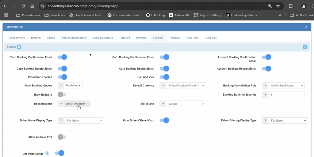 Passenger app booking settings configuration screen