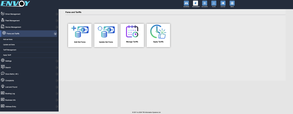 Dashboard menu for fares and tariffs management