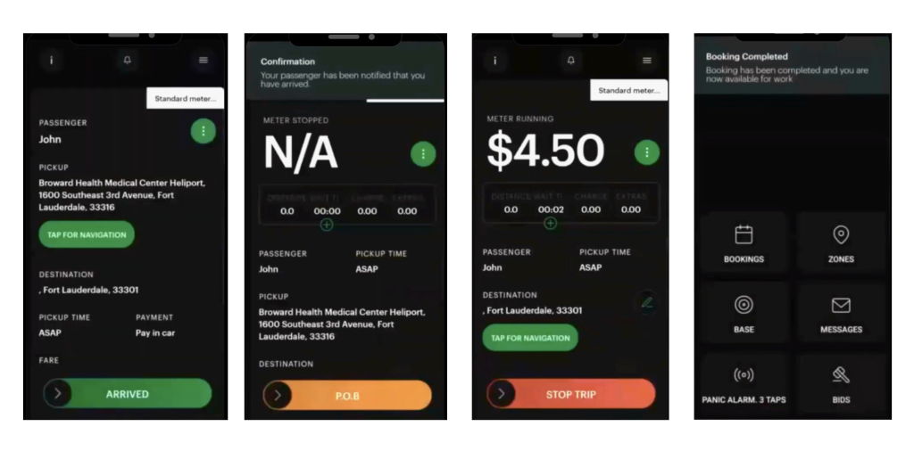 Taxi booking and fare tracking mobile app interface