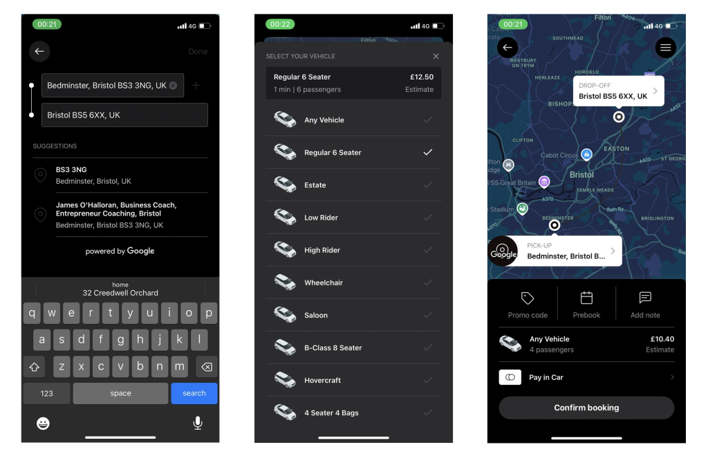 Ride booking app showing route, vehicle options, and fare.