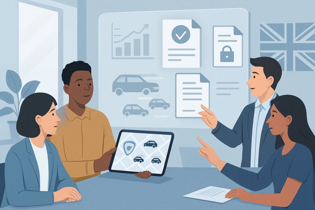 Team discussing car insurance data presentation