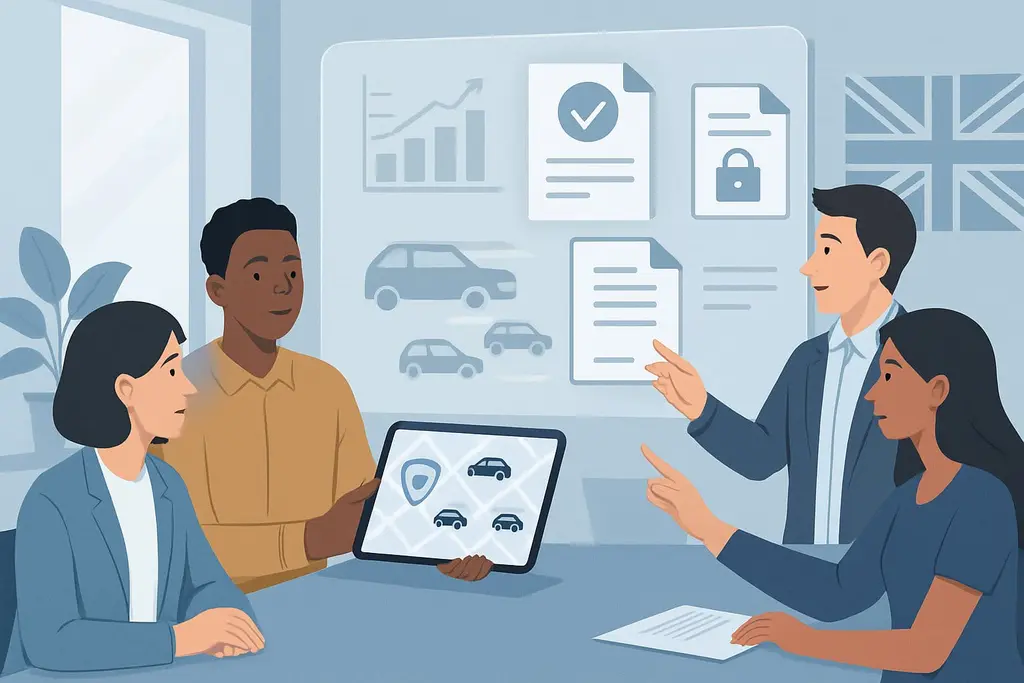 Team discussing car insurance data presentation