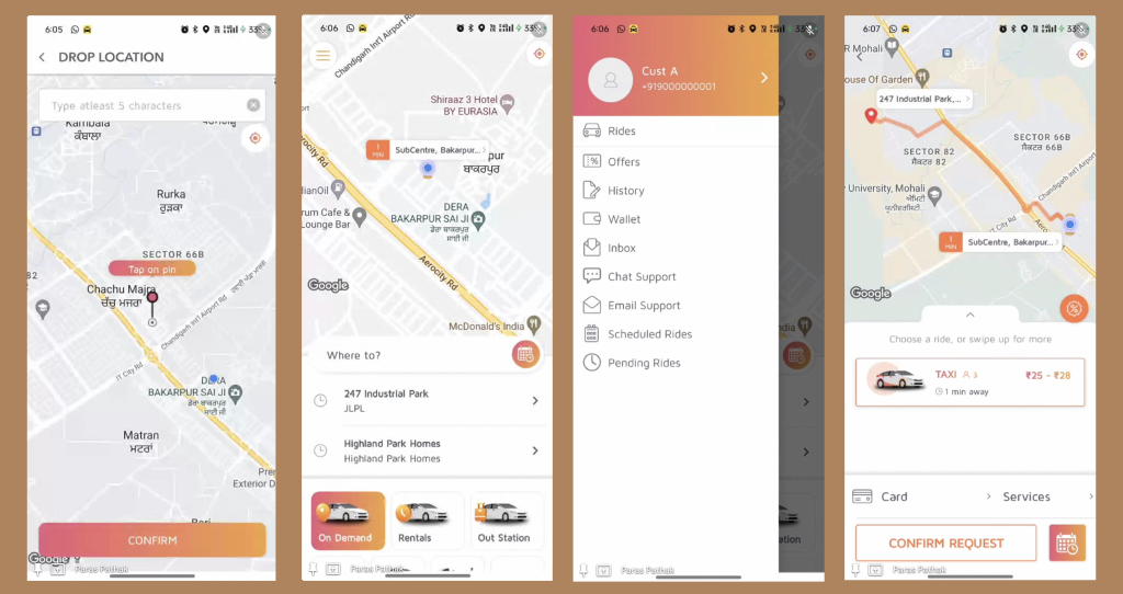 Ride booking app interface with map and options