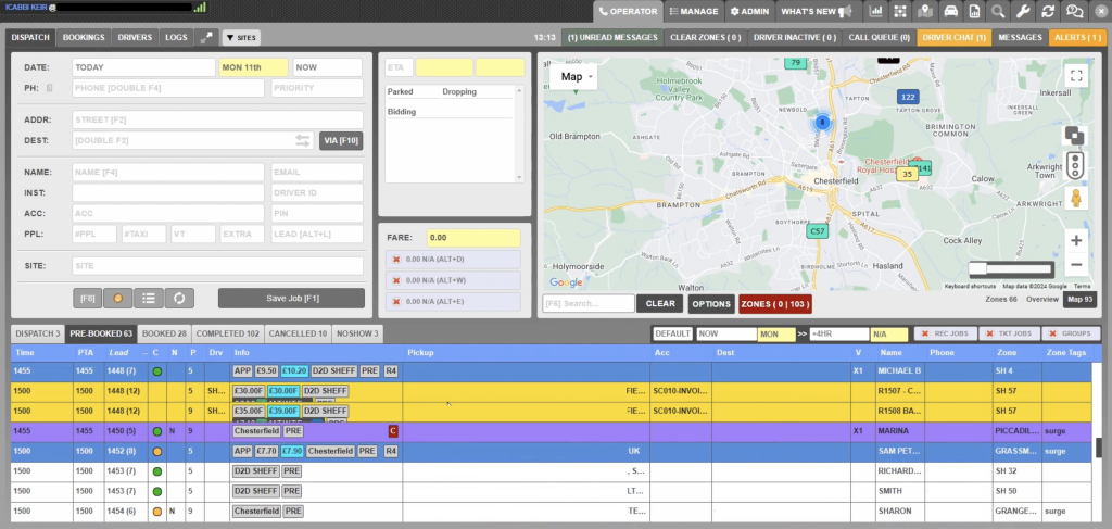 Taxi dispatch software dashboard with map and bookings