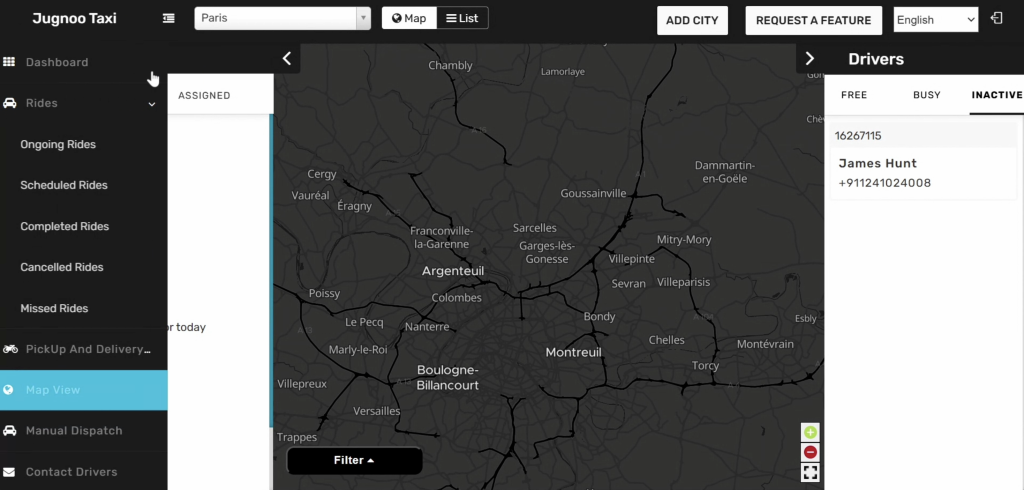 Taxi dispatch dashboard with Paris map view