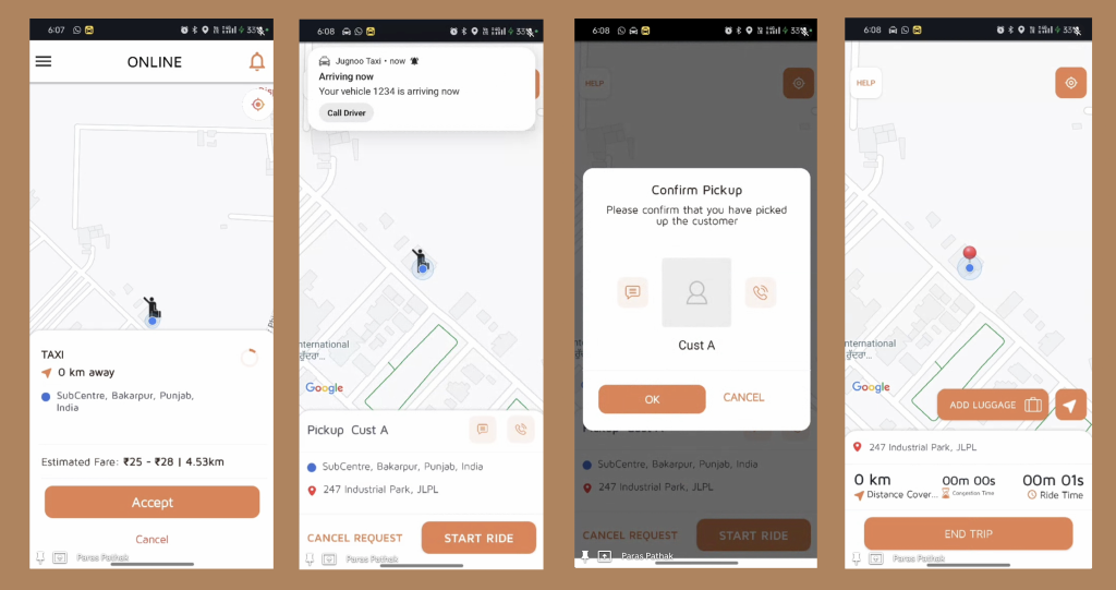 Taxi booking app showing ride request and pickup process