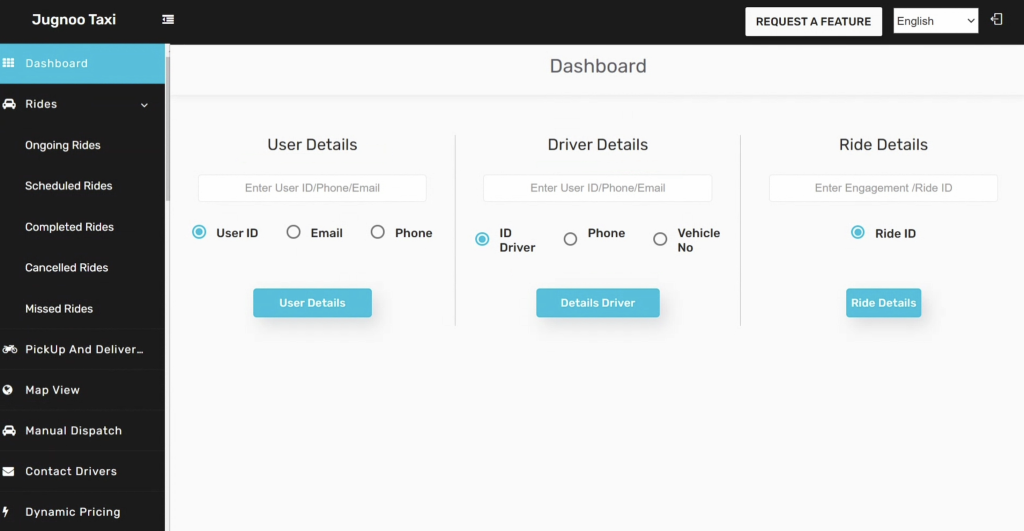 Taxi service dashboard showing rides and driver details