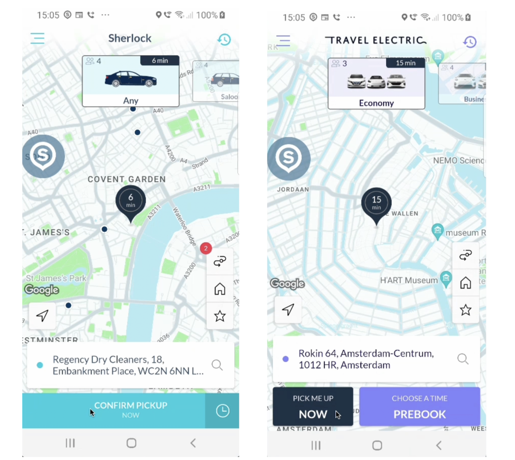Ride-hailing app showing pickup locations and wait times.
