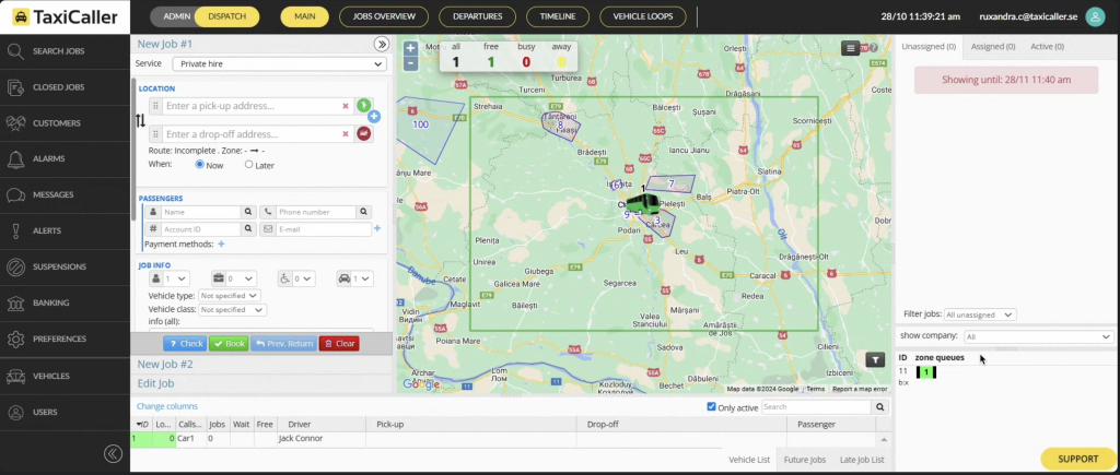 Taxi dispatch software interface with live map view