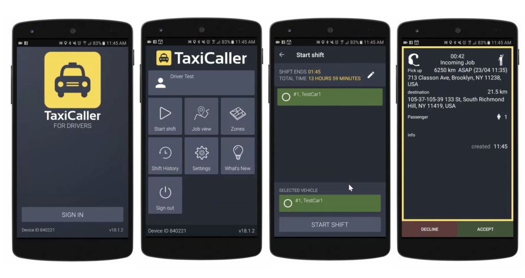 TaxiCaller driver app interface screenshots on smartphone
