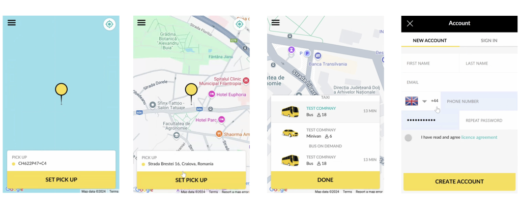 TaxiCaller passenger app interface showing booking screens