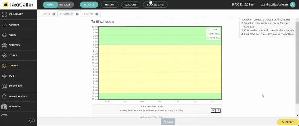 TaxiCaller tariff schedule time grid interface