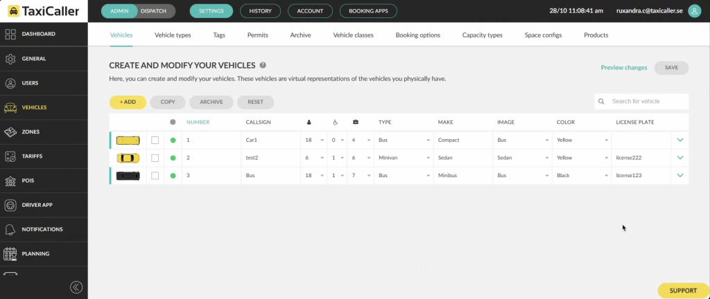 TaxiCaller vehicle management dashboard interface