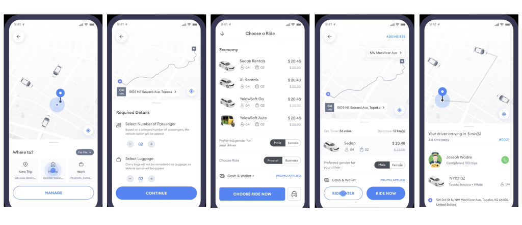 Taxi booking app interface showing ride options.