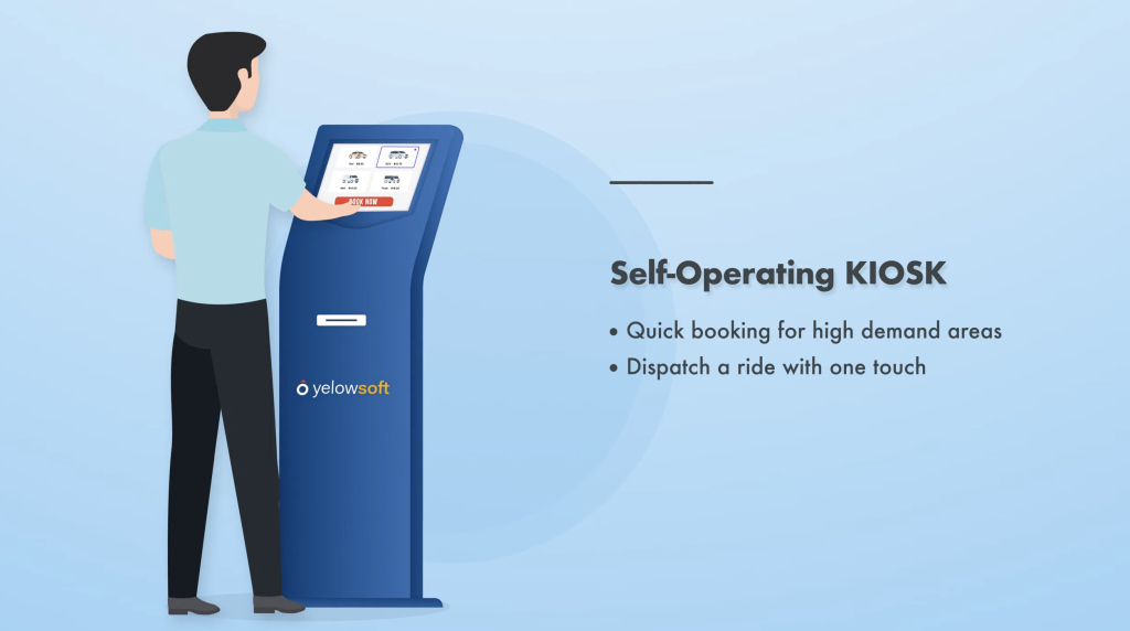 Person using self-operating kiosk for quick ride booking