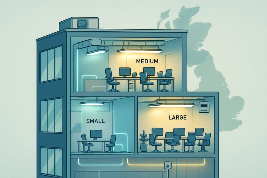 Illustration of small, medium, and large office spaces