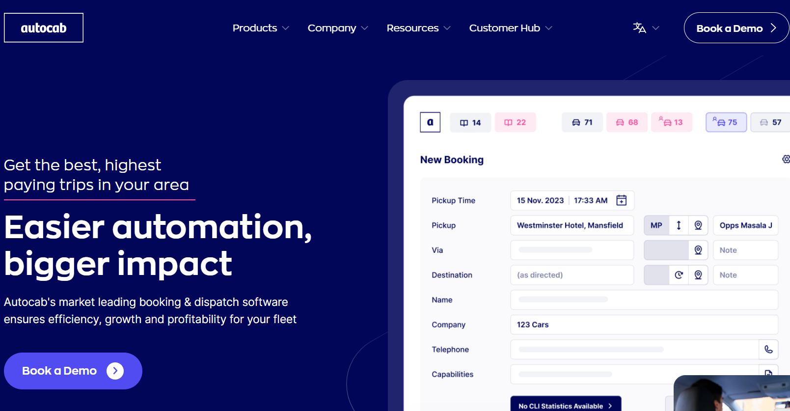 Autocab booking and dispatch software demo interface