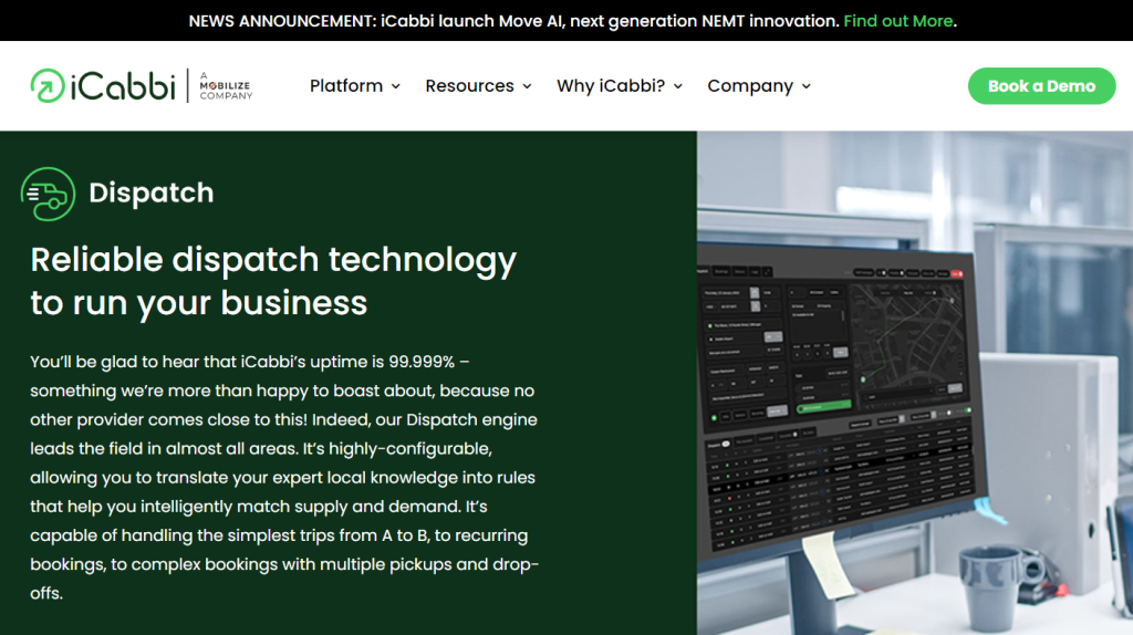 iCabbi dispatch software interface on office computer screen