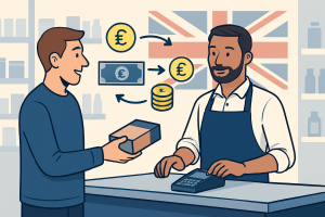 Customer paying shopkeeper with British pounds