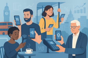 People using smartphones for contactless mobile payments in London.