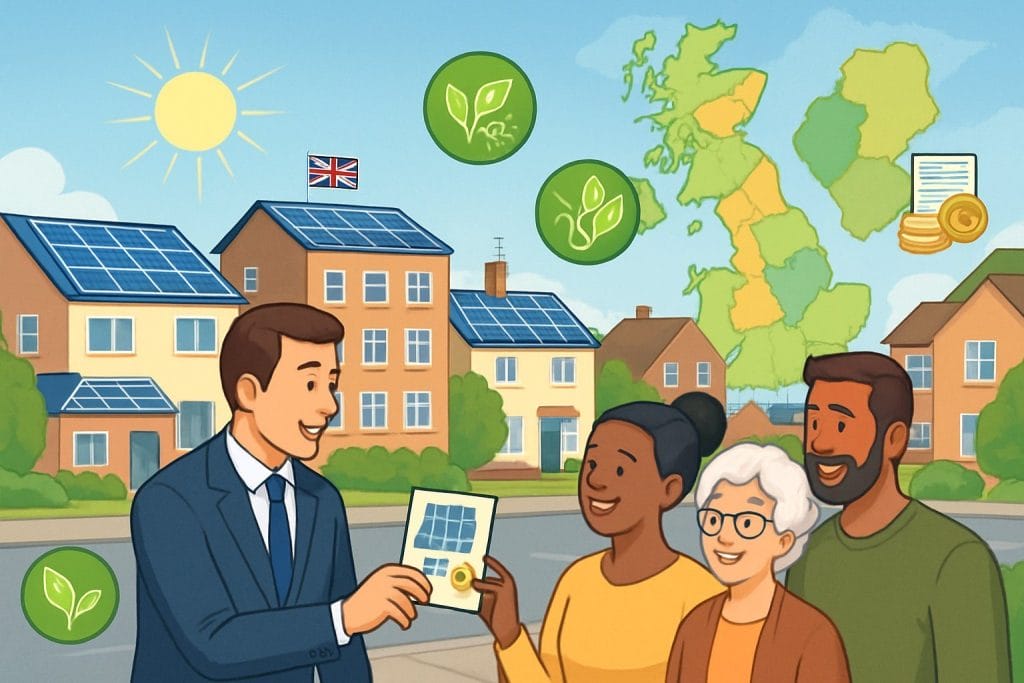 People discussing solar panels in a British neighbourhood