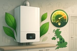 A modern boiler installed in a home utility room with symbols of energy savings, green leaves, and a UK map indicating support schemes.