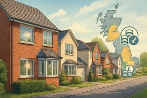 A street of British houses with double-glazed windows and symbols representing government support for home improvements.