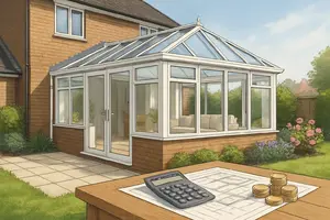 A modern white UPVC conservatory attached to a suburban house with a garden and patio, showing a bright interior and outdoor greenery.