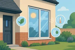 A modern UK house with clear double-glazed windows showing energy efficiency and soundproofing features in a sunny garden setting.