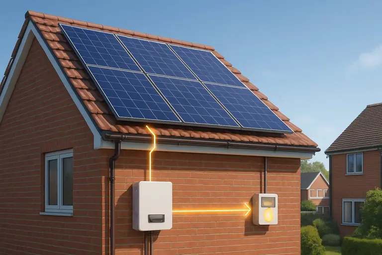 A UK suburban house with solar panels installed on the roof and energy flow elements showing electricity generation.