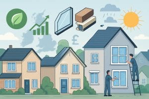 Illustration showing UK houses with double glazed windows surrounded by symbols representing factors that influence their prices, including energy efficiency, materials, installation, weather, and costs.