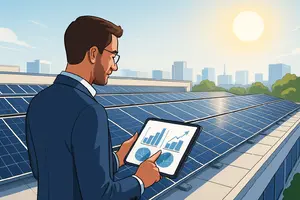 A person on a rooftop with commercial solar panels, looking at a tablet, with a city skyline and trees in the background.
