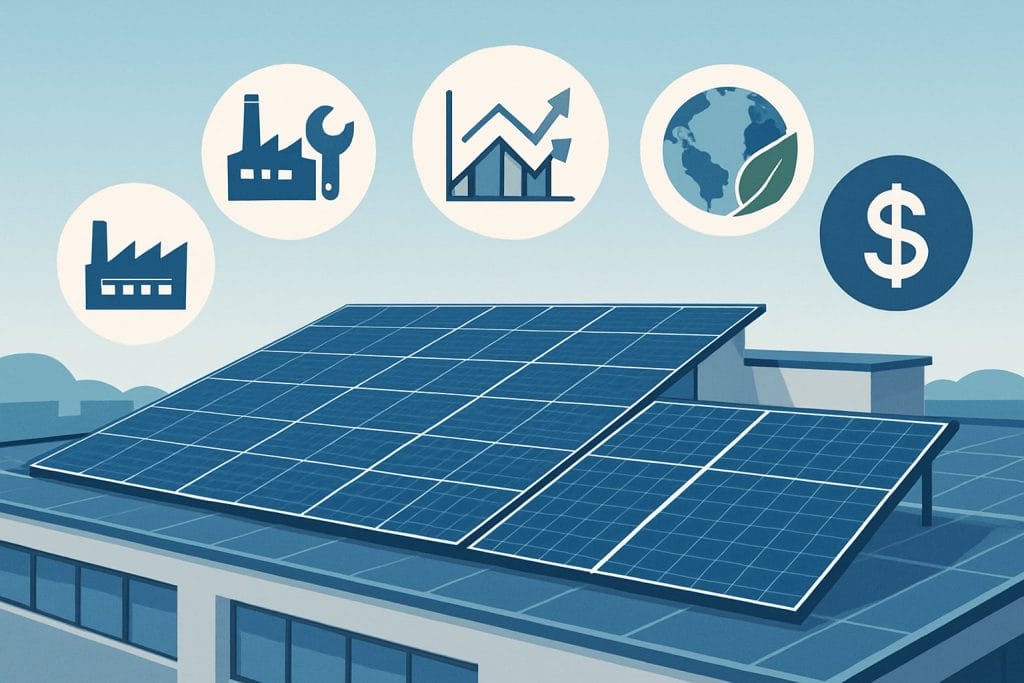 Commercial rooftop with solar panels surrounded by icons representing manufacturing, installation, market trends, environmental impact, and financial factors.