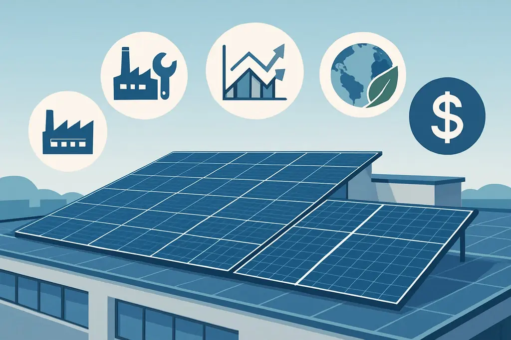 Commercial rooftop with solar panels surrounded by icons representing manufacturing, installation, market trends, environmental impact, and financial factors.