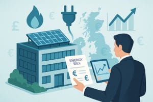 A businessperson reviewing energy bills outside a modern office building with solar panels, surrounded by energy icons and a UK map outline.