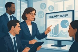 A group of business professionals discussing energy tariffs around a digital screen with charts in a modern office.