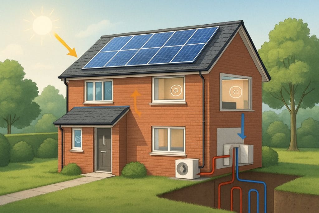 House with solar panels and ground source heating