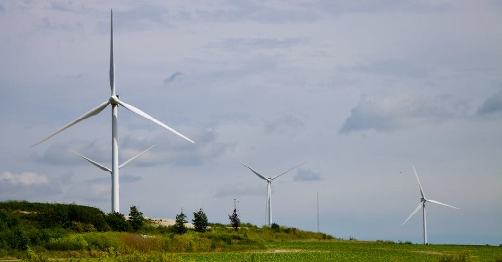 Wind turbines generating renewable energy in countryside