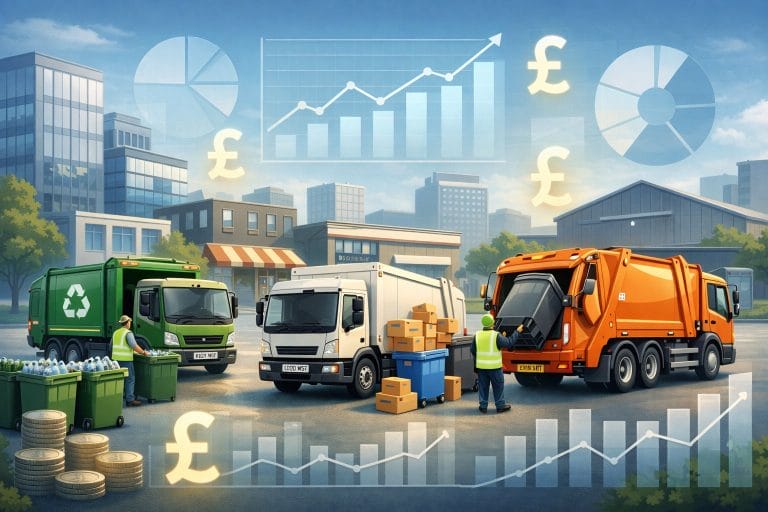 Recycling and waste trucks with financial growth charts